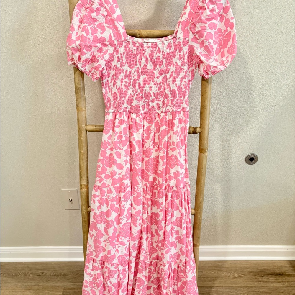 Pink Floral Maxi Dress with Puff Sleeves